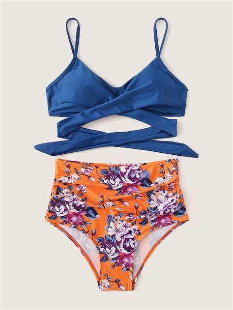 Blue Crisscross Wrap Cami Top Swimsuit Orange Floral Bikini Bottom