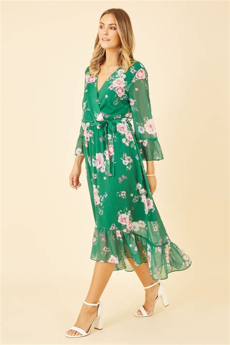 Yumi Green Floral Wrap Dress With Dipped Hem Yumi
