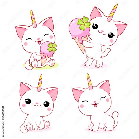 Caticorn Set In Kawaii Style Little Unicorn Cat With Ice Cream Happy
