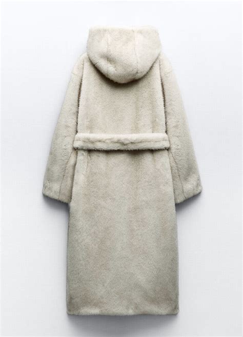 Zara Faux Fur Coat With Hood Ecru Belted Long New Fw24 Sizes Xs Xl Ref