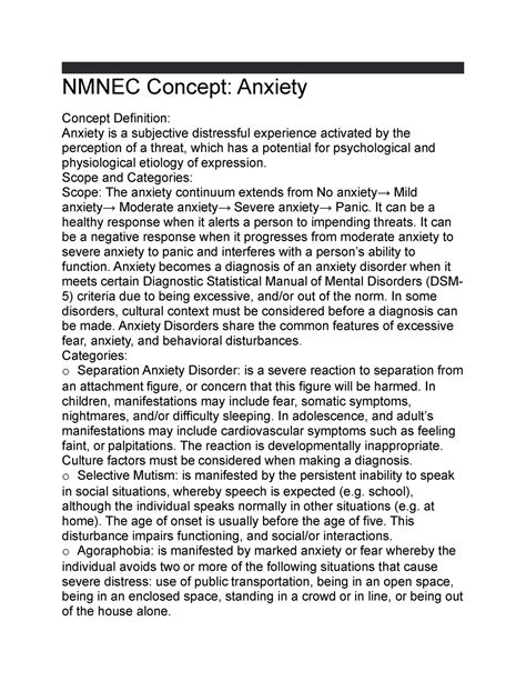 Anxiety Lecture Notes Nmnec Concept Anxiety Concept Definition