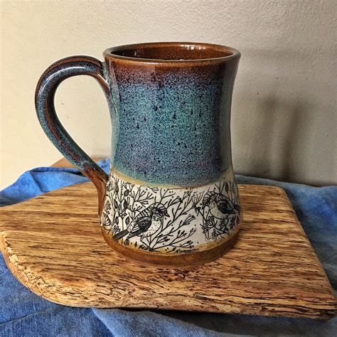 Handmade Pottery Mug With Birds Turquoise Mug With Sparrows In Dill