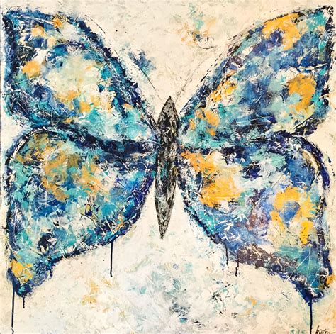 Butterfly Abstract Blue Gold Canvas Painting Art Etsy Butterfly Art