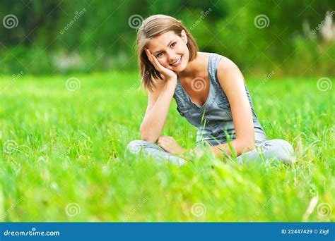 Woman Sitting On Green Meadow Stock Image Image Of Background Joyful 22447429