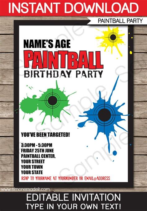 Paintball Birthday Party Invitation Decoration Printable Templates