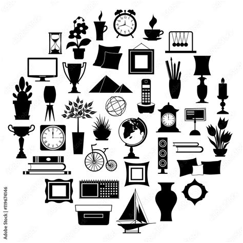 Silhouette Of Home Decor Set Of Accessories Icons And Souvenirs