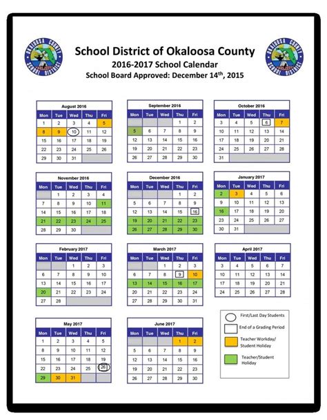 Impressive School Calendar Okaloosa County School Calendar