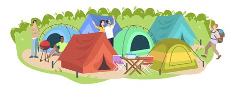 Camping Festival Flat Vector Illustration Happy Campers Tourists