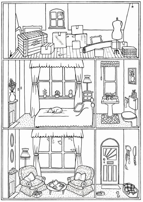 Bundle Of 4 Colouring Pages House Interiors Instant Etsy House