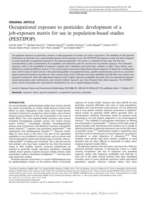 Occupational Exposure To Pesticides Development Of A Job Exposure