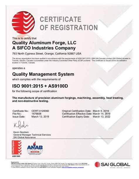 Ora 2019 As9100d Certificate Sifco Industries Inc