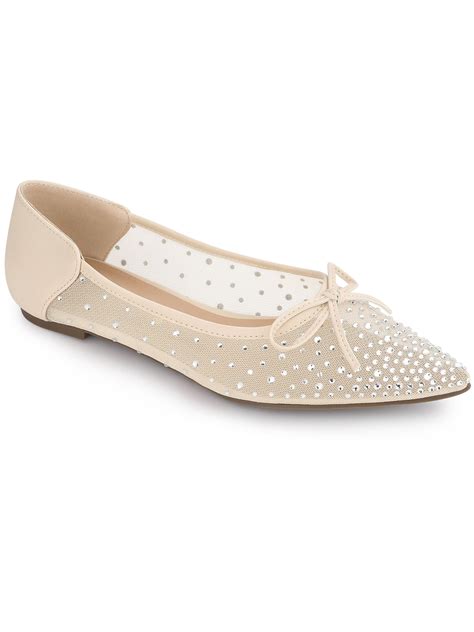 Allegra K Womens Pointed Toe Rhinestone Mesh Bow Ballerina Flats