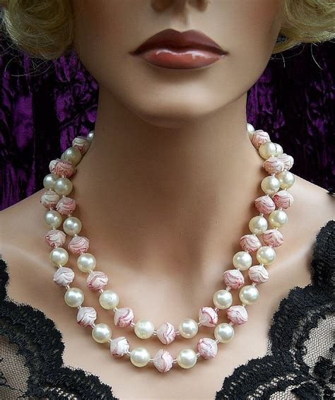 Vintage Beaded Necklace Signed Hong Kong Necklace Faux Pearl