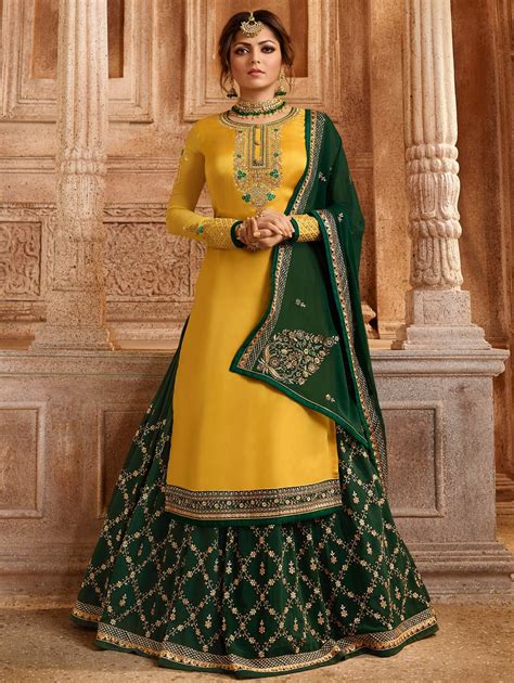 Drashti Dhami Yellow Satin Georgette Designer Embroidered Lehenga Suit Long Choli Lehenga