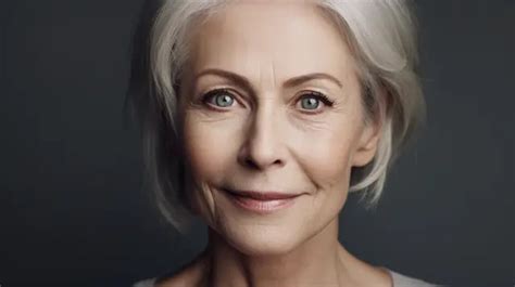 White Haired Woman Looks Straight Into Camera Background Mature Woman