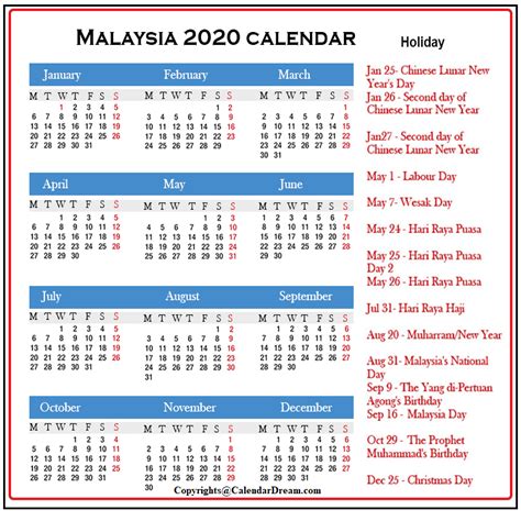 Long weekends break in malaysia during public holidays. Free 2020 Printable Malaysia Calendar With Holidays[PDF ...