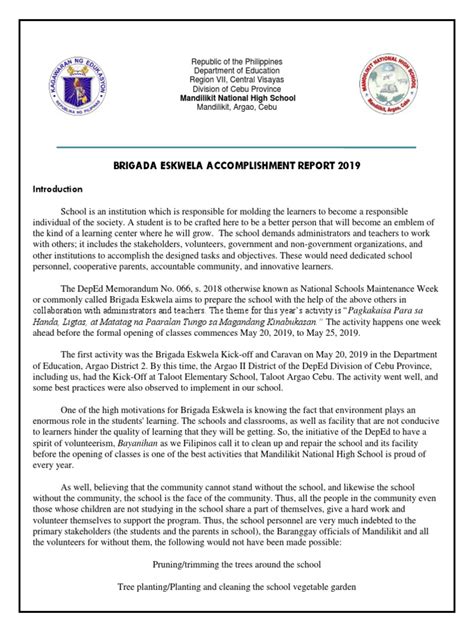 Brigada Eskwela Accomplishment Report 2019 Wash Hygiene