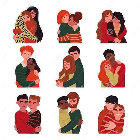 Set Of Couples Young People Hugging Traditional Same Sex Couples