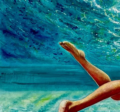 Anastasia Gklava Floating Weightlessly Oil Painting Of Nude Female Swimmer Turquoise Sea