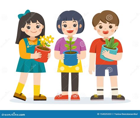 Little Boy And Girls Holding Plant And Flower Pot In Front Of Them In