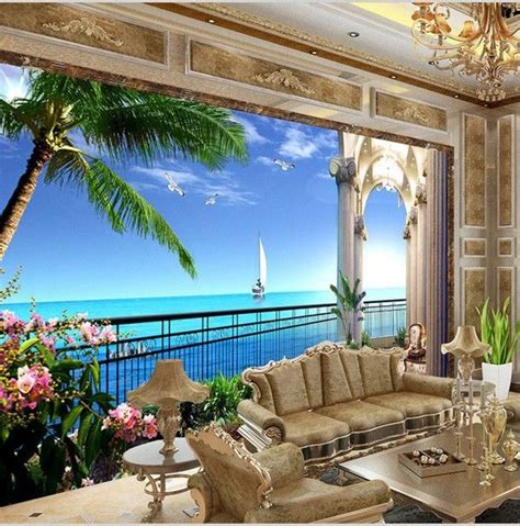 Window Balcony Wallpaper 3d Sea View Sailboat Palm Trees Mural Lakás