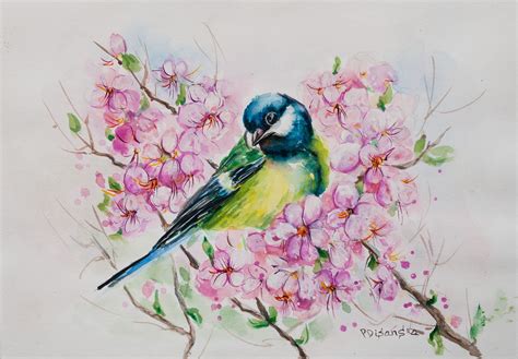 Blue Bird Cherry Blossom Bird On A Branch Blossom Art Bird Etsy In