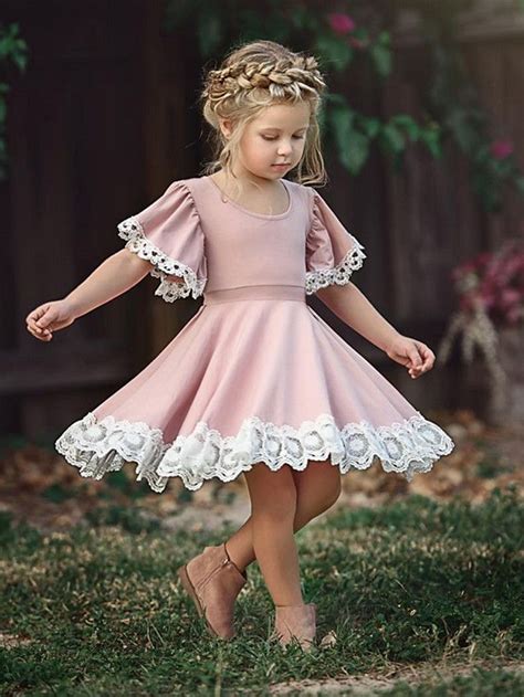 Kids Little Girls Dress Causal Floral Lace Solid Color Party School