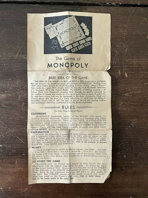 Vintage 1935 Monopoly Game Rules Instruction Sheet By Parker Brothers
