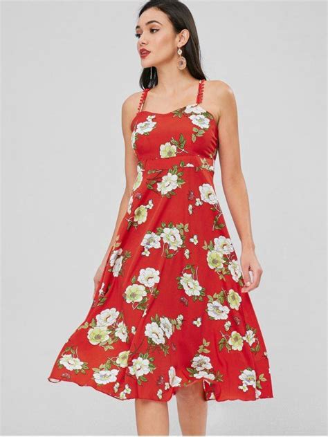 [23 Off] 2021 Floral Cross Strap Flowy Dress In Red Zaful