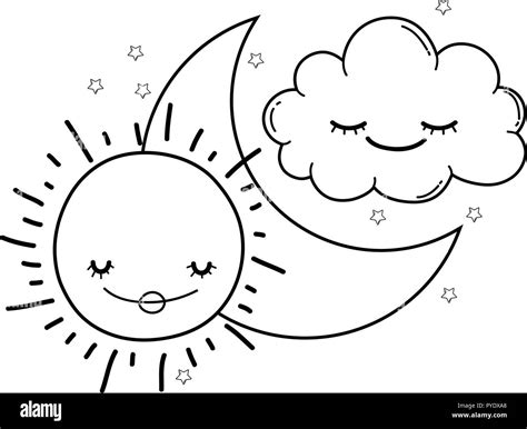 Clouds And Moon Cute Cartoons In Black And White Stock Vector Image