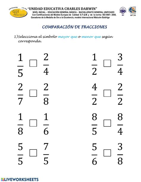 Ficha De Comparación De Fracciones