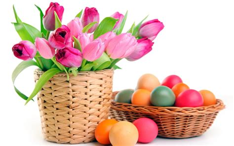 Pink Tulips In Basket Colorful Easter Eggs X Wide Wallpapers Net Free