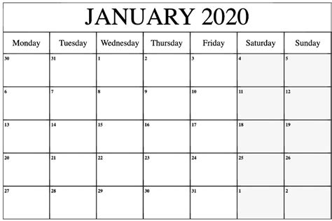 Editable January 2020 Calendar Calendar Printables Calendar Template