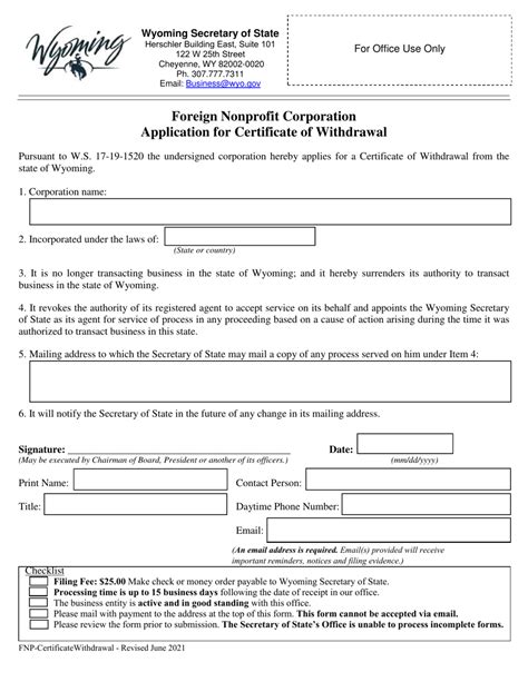 Wyoming Foreign Nonprofit Corporation Application For Certificate Of