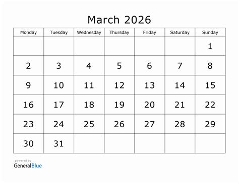 Printable March 2026 Calendar