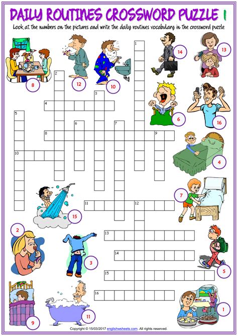 Daily Routines Vocabulary Esl Crossword Puzzle Worksheets For Kids