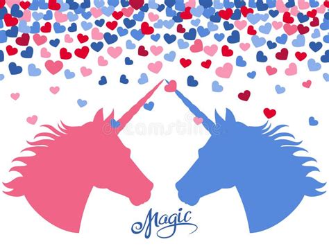 Magic Background With Falling Hearts And Two Unicorns In Love Stock