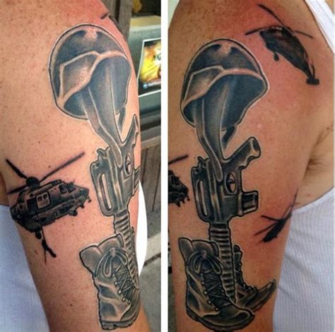 One cool idea is to get tattooed with your army uniform like this. 100 Military Tattoos For Men - Memorial War Solider Designs