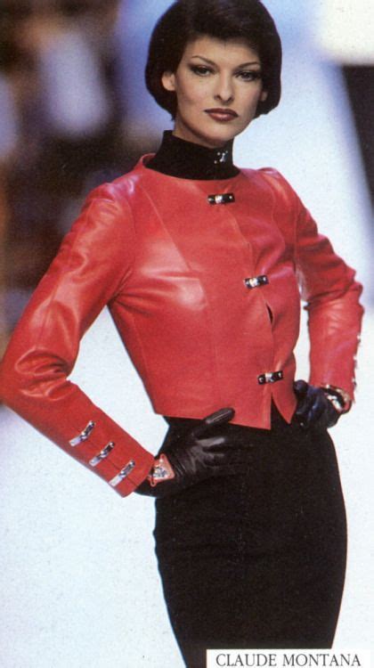 Linda Evangelista Red Leather Coat For Claude Montana Fur Fashion