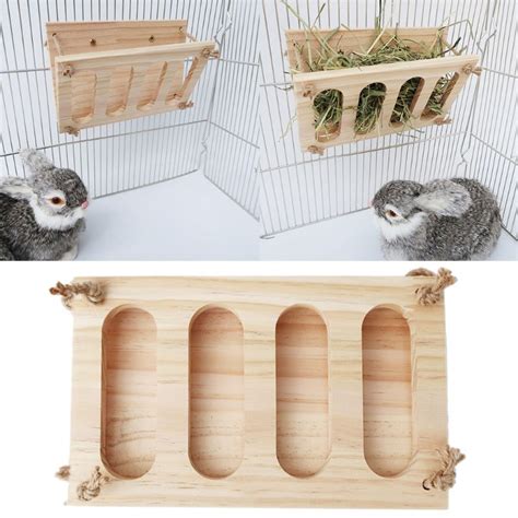 Rabbit Wooden Hay Rack Manger Multi Functional Grass Holder Hamster Food Feeder Bowl For Small
