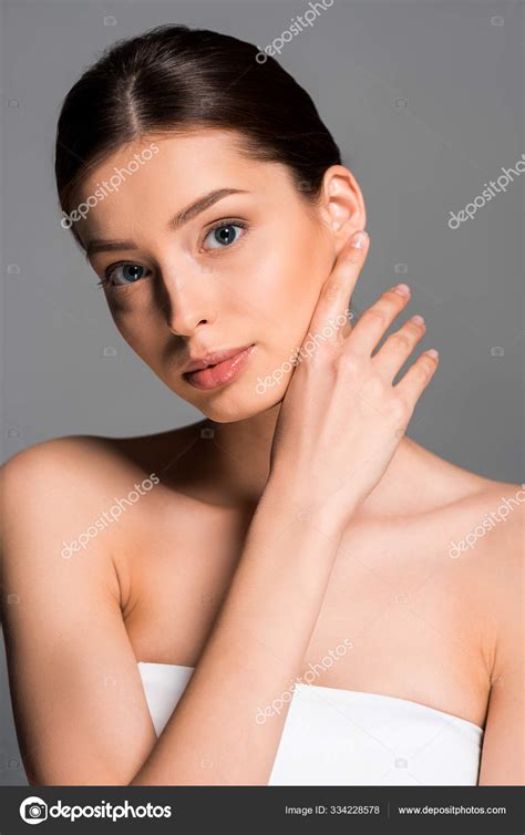 Attractive Naked Woman Perfect Skin Isolated Grey Stock Photo