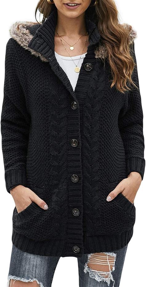 corafritz women s fashion solid color button down sweater cable knit cardigan faux fur hooded