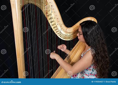 Detail Of A Woman Playing The Harp Stock Image Image Of Melody