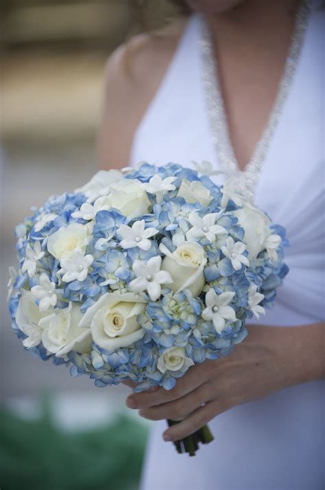Blue Hydrangeas Vendelas Roses Ivory Roses Stephanotis White And