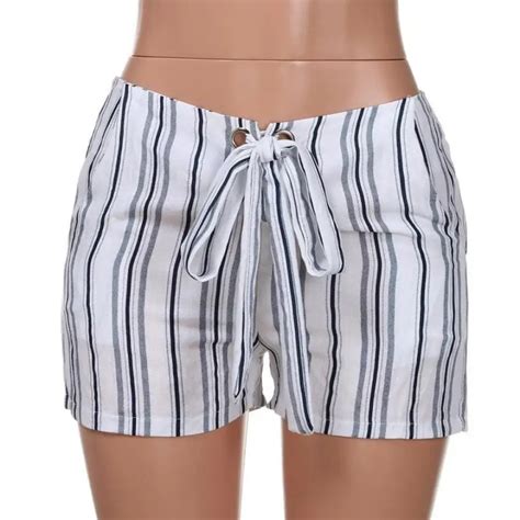2018 Summer Beach Casual Shorts Striped Bow Belted Lace Up Striped Boho
