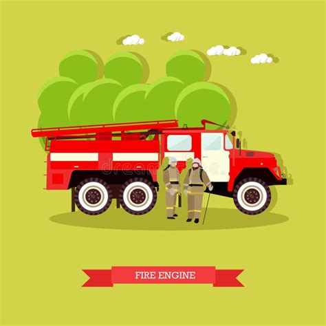 Vector Illustration Of Red Fire Engine In Flat Style Stock Vector