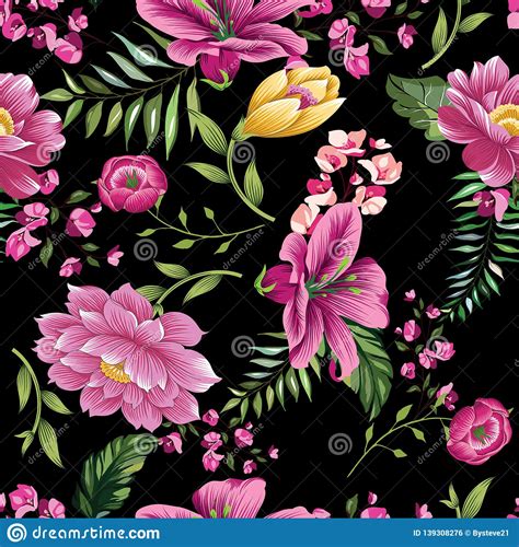 Vintage Flower Pattern On Black Background Stock