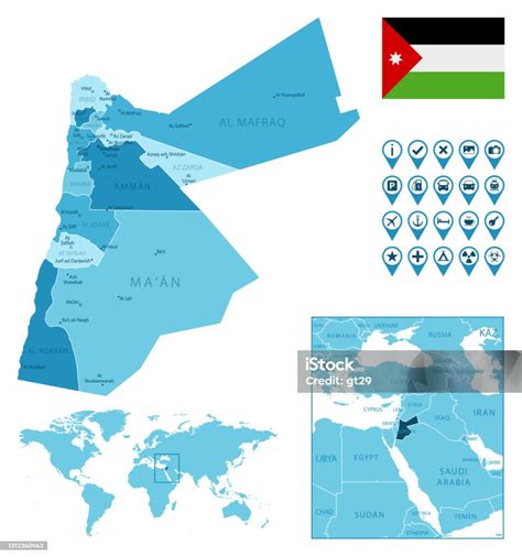 Ilustración De Jordania Detalló El Mapa Azul Administrativo Con Bandera De País Y Ubicación En