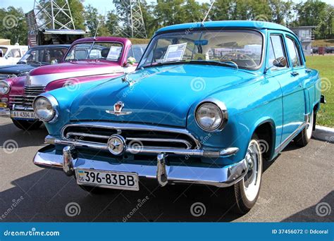 Retro Auto Show Blue Volga Soviet Made Automobil Editorial
