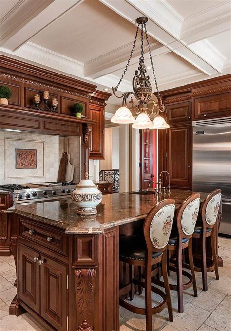 White Kitchen Coffered Ceiling And Brown Stained Cabinets Chandelier